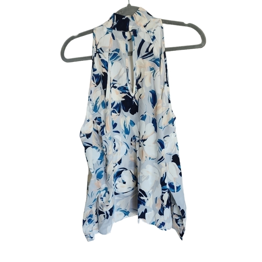 💜 Yumi Kim  100% silk blue floral high neck cut out blouse